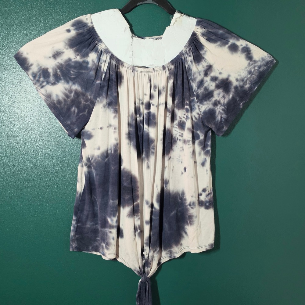Cato Women Navy White Tie Dye Front Tie Knot Blouse Top Size L Short Sleeve Boho